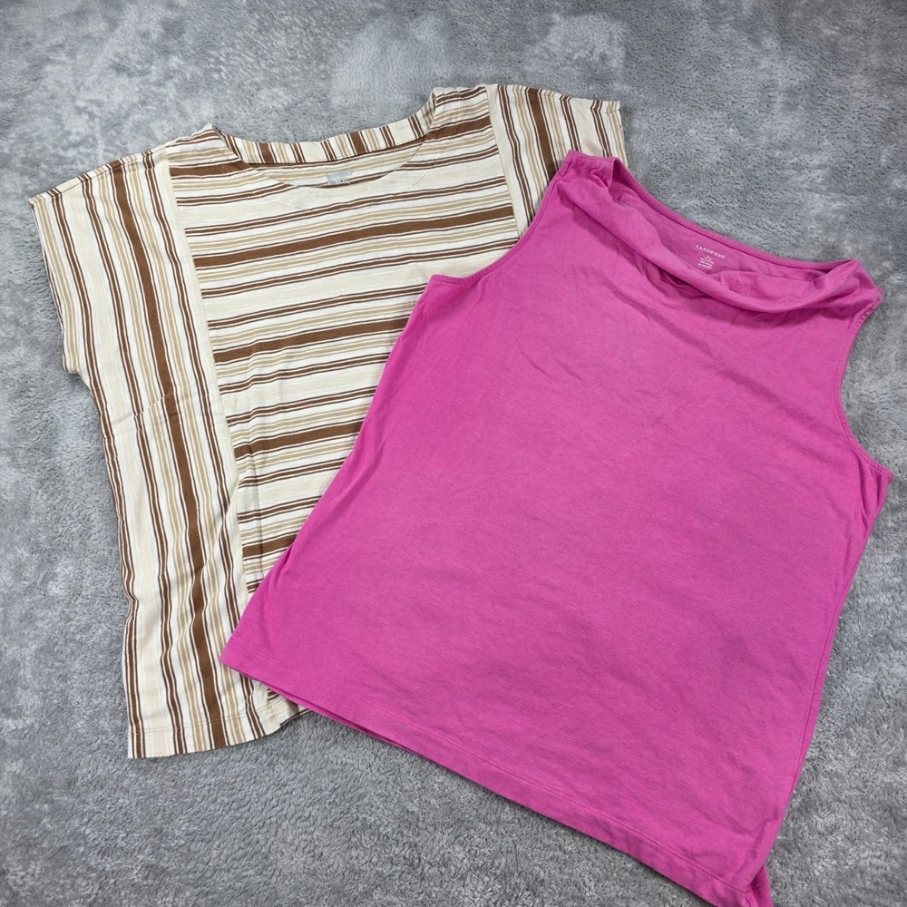 Lands End Striped Short Sleeve and Pink Sleeveless Tank Top Set L Women Bundle